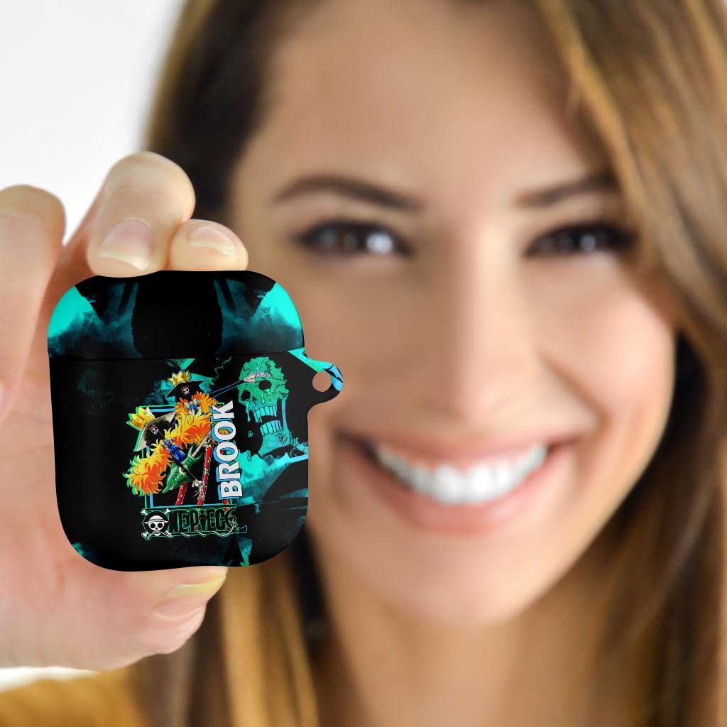 Brook One Piece Green and Black Theme AirPods Case with Soul King Guitar and Skeleton Jolly Roger Design - The Mazicc
