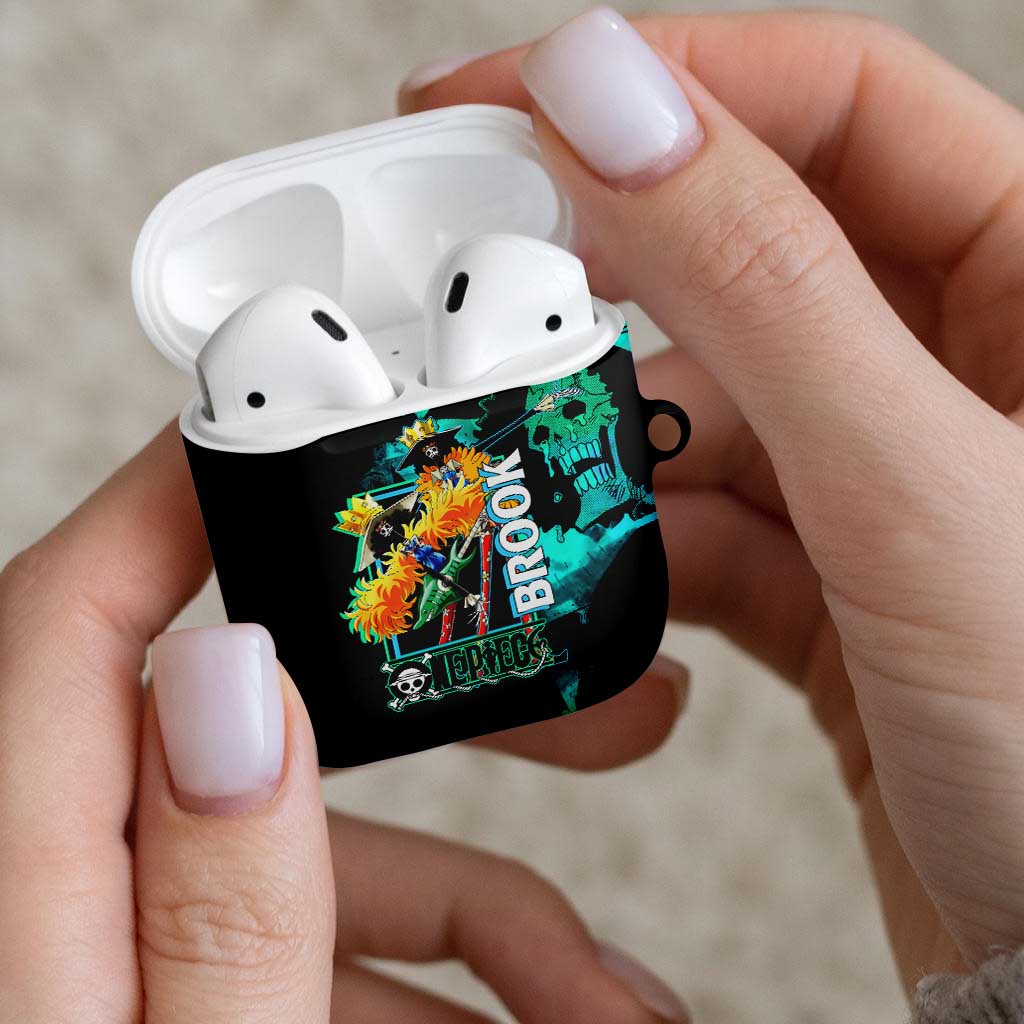 Brook One Piece Green and Black Theme AirPods Case with Soul King Guitar and Skeleton Jolly Roger Design - The Mazicc