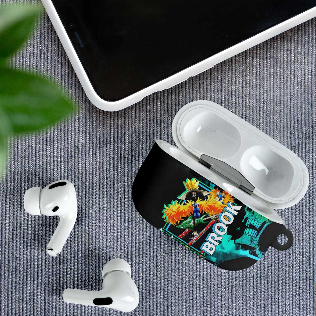 Brook One Piece Green and Black Theme AirPods Case with Soul King Guitar and Skeleton Jolly Roger Design - The Mazicc
