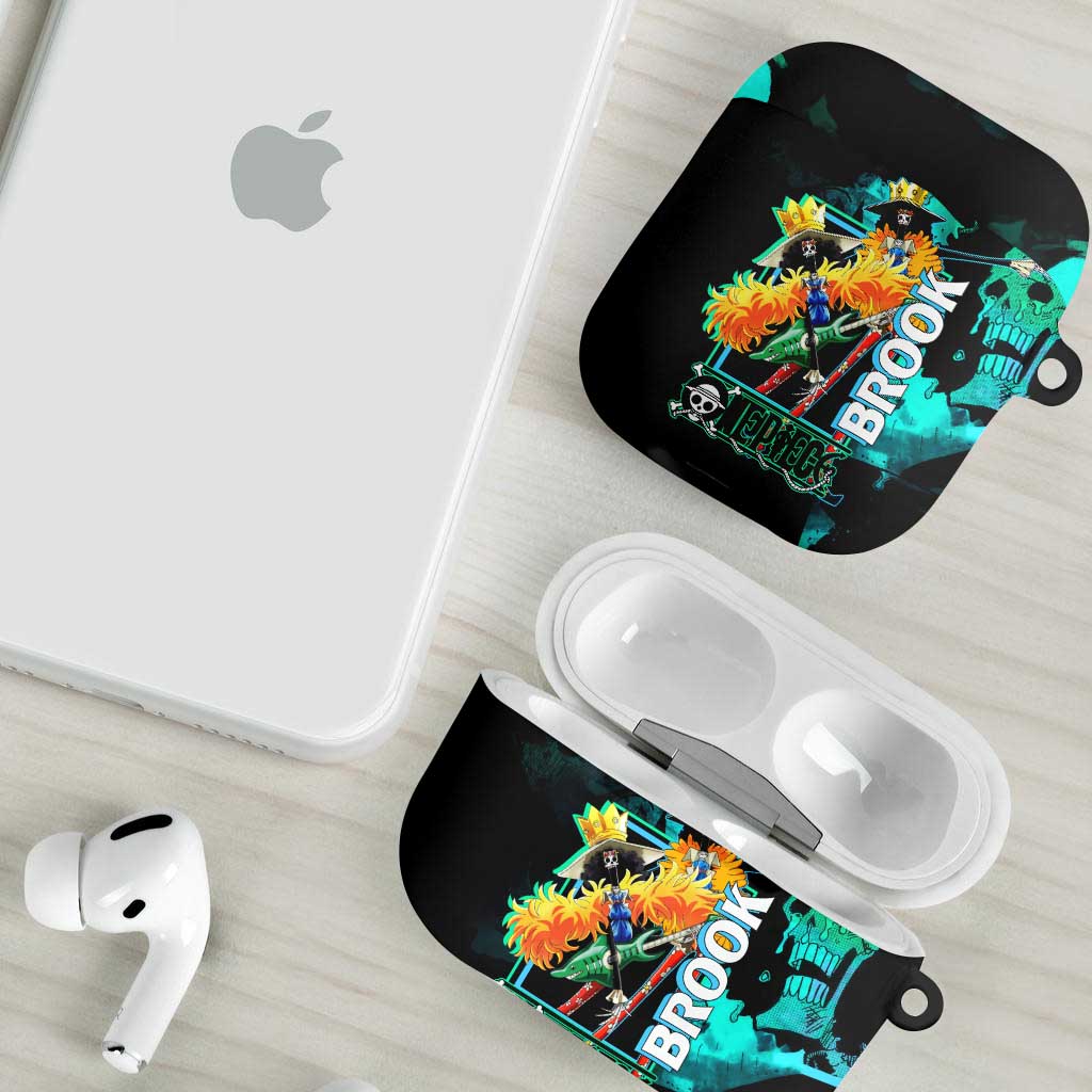 Brook One Piece Green and Black Theme AirPods Case with Soul King Guitar and Skeleton Jolly Roger Design - The Mazicc