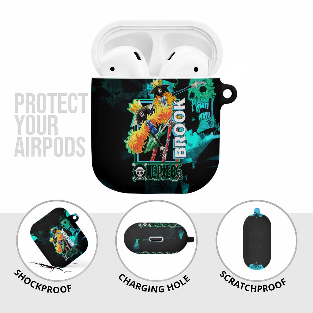 Brook One Piece Green and Black Theme AirPods Case with Soul King Guitar and Skeleton Jolly Roger Design - The Mazicc