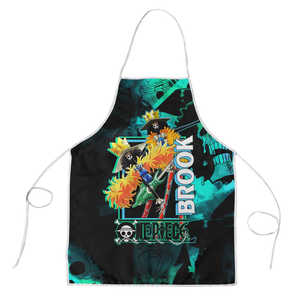 Brook One Piece Green and Black Theme Apron with Soul King Guitar and Skeleton Jolly Roger Design - The Mazicc