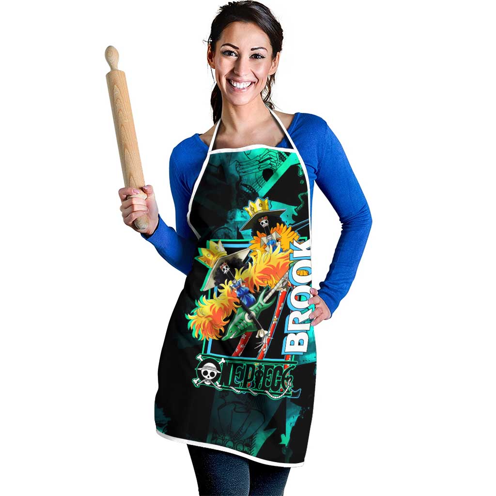 Brook One Piece Green and Black Theme Apron with Soul King Guitar and Skeleton Jolly Roger Design - The Mazicc