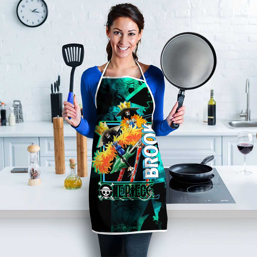 Brook One Piece Green and Black Theme Apron with Soul King Guitar and Skeleton Jolly Roger Design - The Mazicc