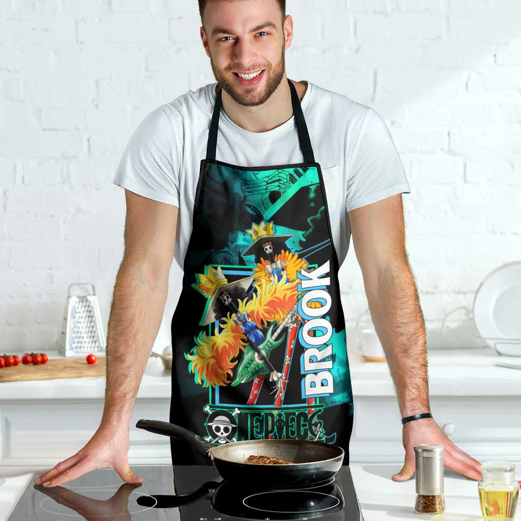 Brook One Piece Green and Black Theme Apron with Soul King Guitar and Skeleton Jolly Roger Design - The Mazicc