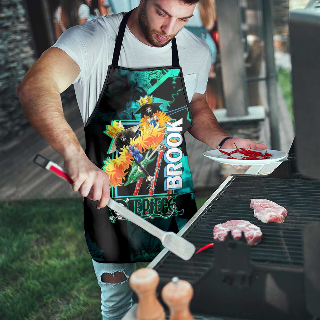 Brook One Piece Green and Black Theme Apron with Soul King Guitar and Skeleton Jolly Roger Design - The Mazicc