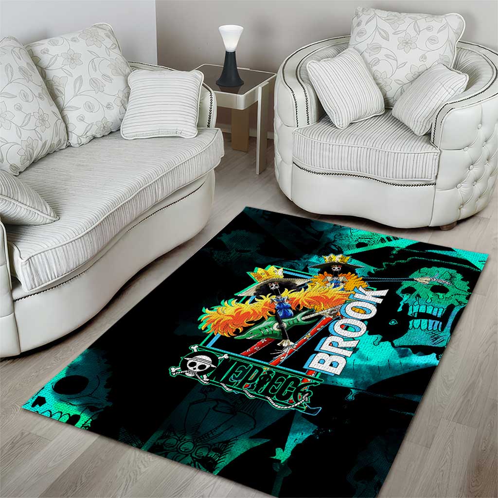 Brook One Piece Green and Black Theme Area Rug with Soul King Guitar and Skeleton Jolly Roger Design - The Mazicc