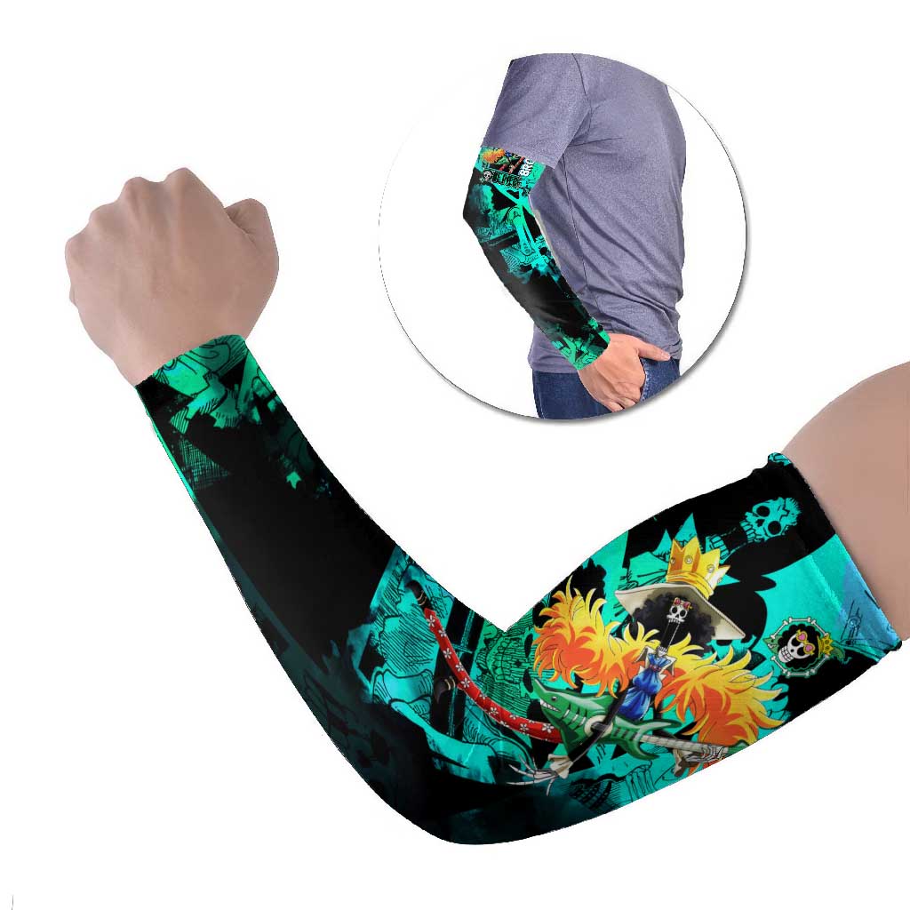 Brook One Piece Green and Black Theme Arm Sleeves with Soul King Guitar and Skeleton Jolly Roger Design - The Mazicc