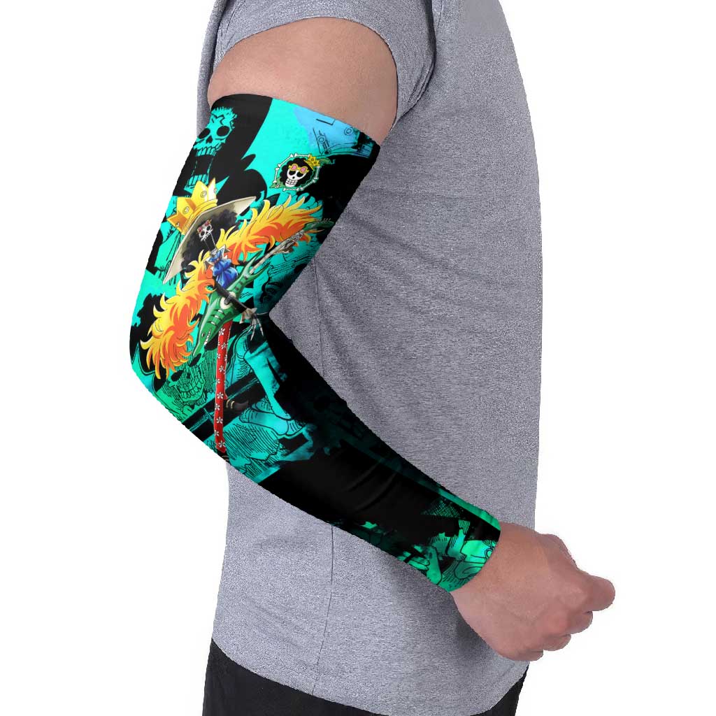 Brook One Piece Green and Black Theme Arm Sleeves with Soul King Guitar and Skeleton Jolly Roger Design - The Mazicc