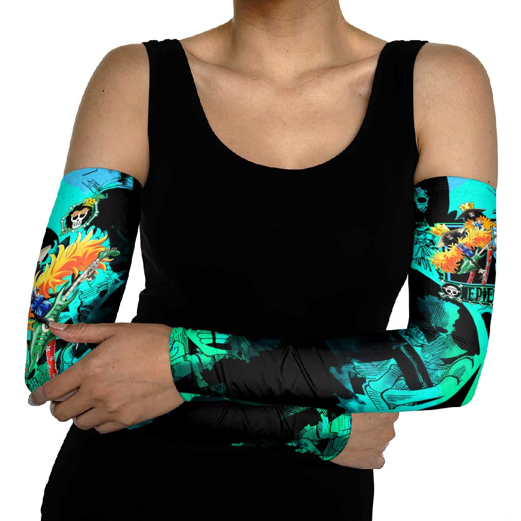 Brook One Piece Green and Black Theme Arm Sleeves with Soul King Guitar and Skeleton Jolly Roger Design - The Mazicc