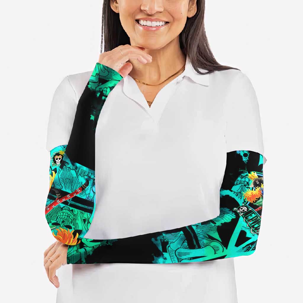 Brook One Piece Green and Black Theme Arm Sleeves with Soul King Guitar and Skeleton Jolly Roger Design - The Mazicc