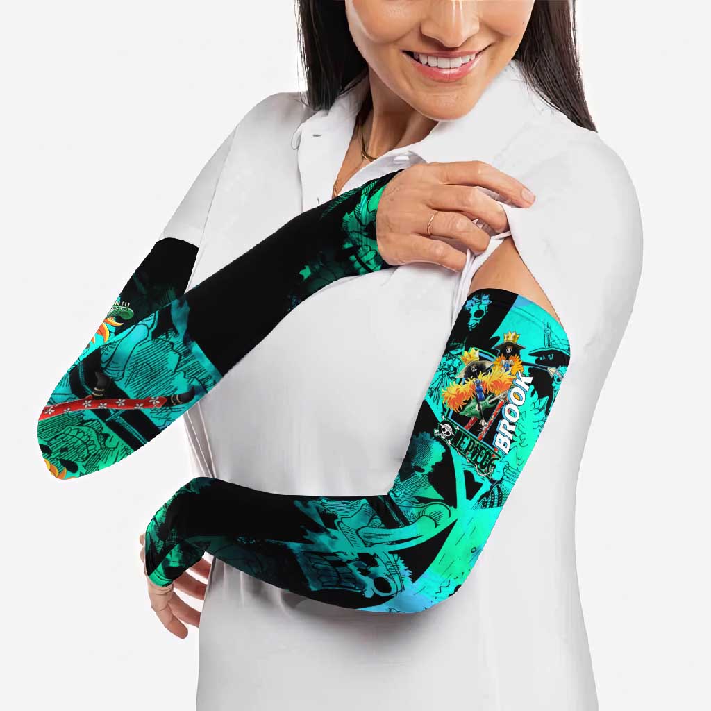 Brook One Piece Green and Black Theme Arm Sleeves with Soul King Guitar and Skeleton Jolly Roger Design - The Mazicc