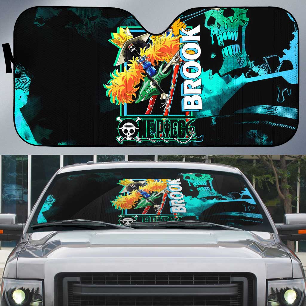 Brook One Piece Green and Black Theme Auto Sun Shade with Soul King Guitar and Skeleton Jolly Roger Design - The Mazicc