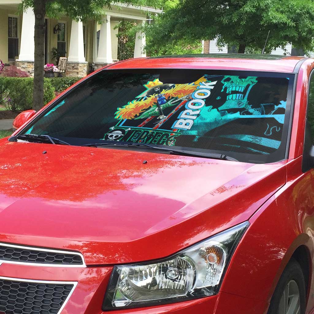 Brook One Piece Green and Black Theme Auto Sun Shade with Soul King Guitar and Skeleton Jolly Roger Design - The Mazicc