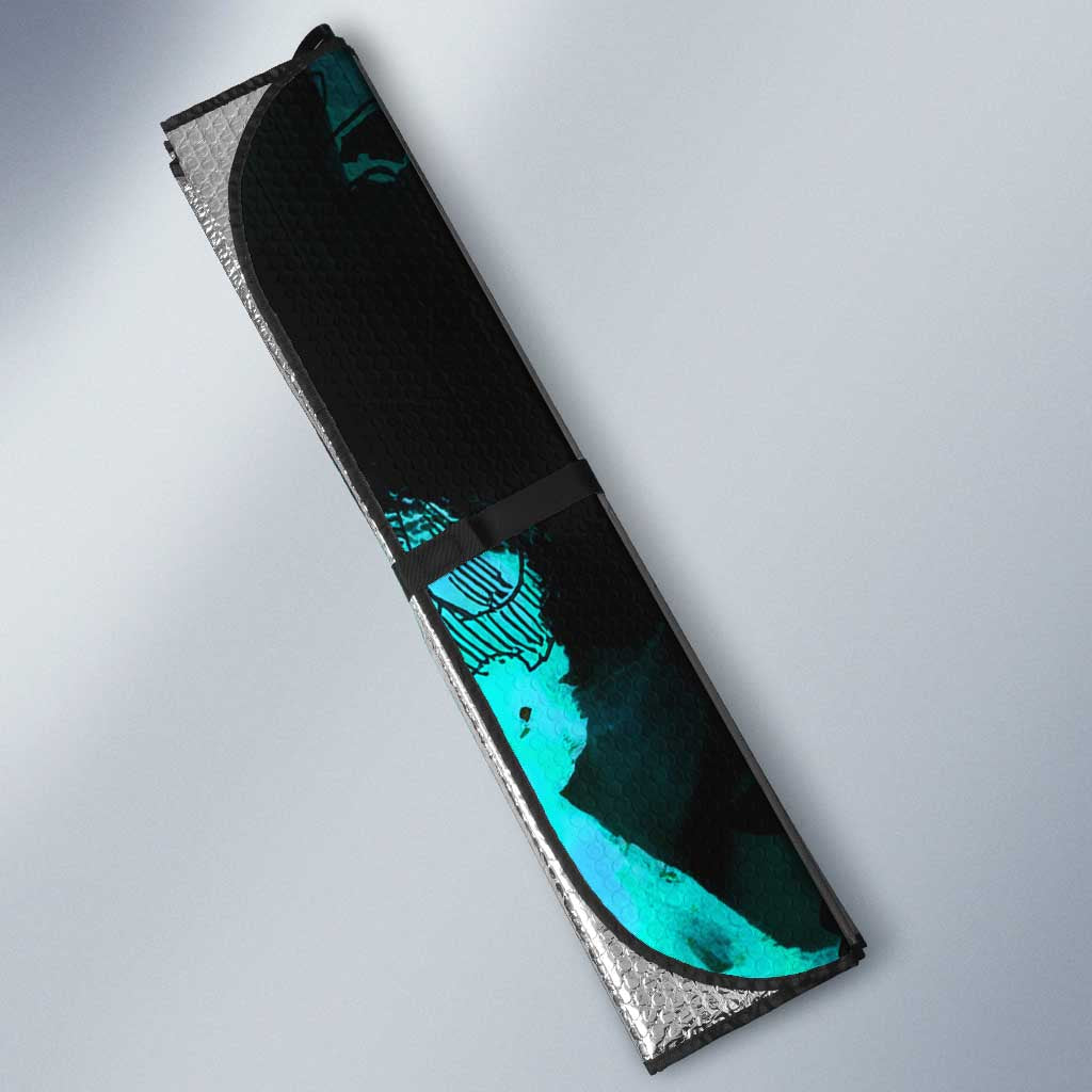 Brook One Piece Green and Black Theme Auto Sun Shade with Soul King Guitar and Skeleton Jolly Roger Design - The Mazicc