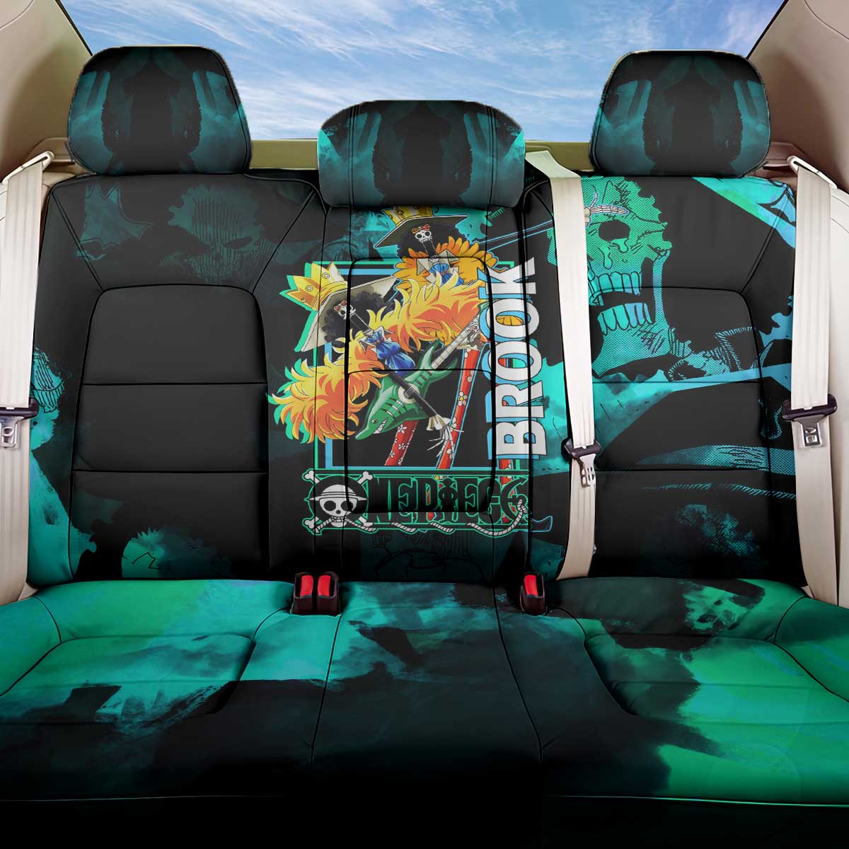 Brook One Piece Green and Black Theme Back Car Seat Cover with Soul King Guitar and Skeleton Jolly Roger Design - The Mazicc