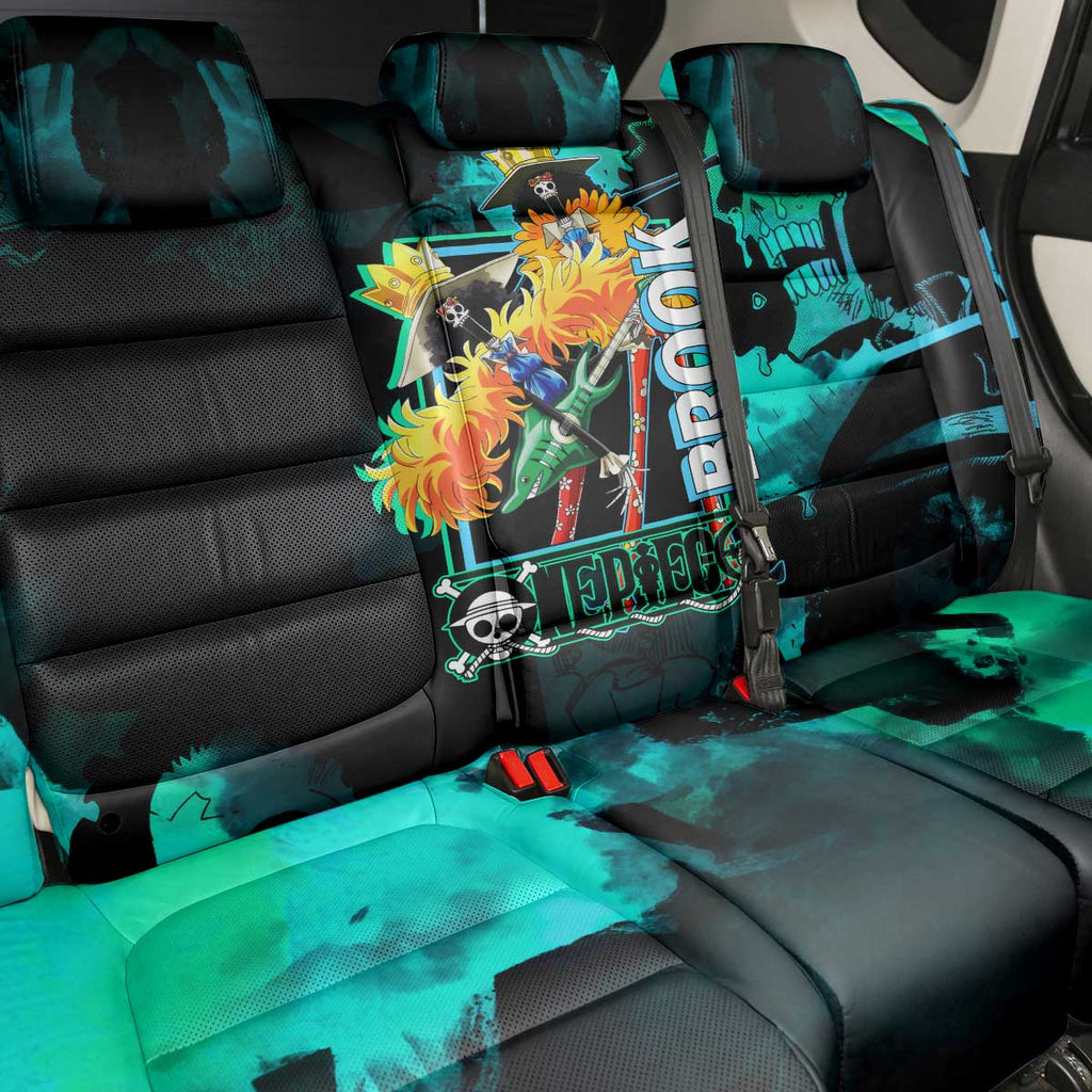 Brook One Piece Green and Black Theme Back Car Seat Cover with Soul King Guitar and Skeleton Jolly Roger Design - The Mazicc