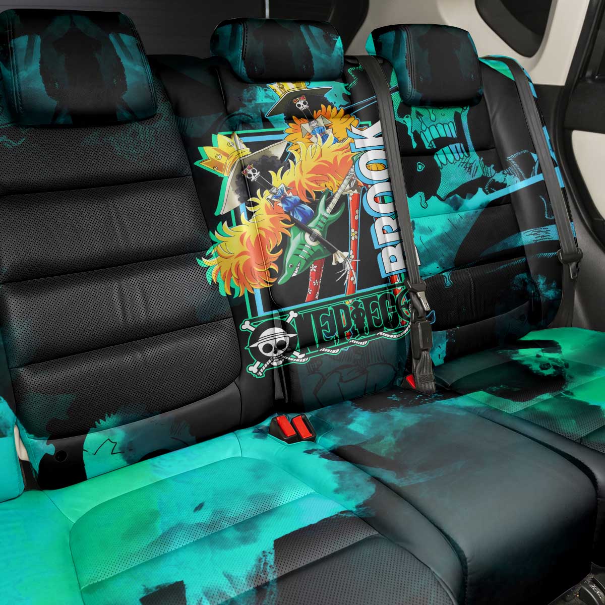 Brook One Piece Green and Black Theme Back Car Seat Cover with Soul King Guitar and Skeleton Jolly Roger Design - The Mazicc