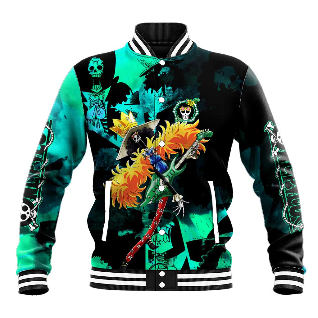 Brook One Piece Green and Black Theme Baseball Jacket with Soul King Guitar and Skeleton Jolly Roger Design - The Mazicc