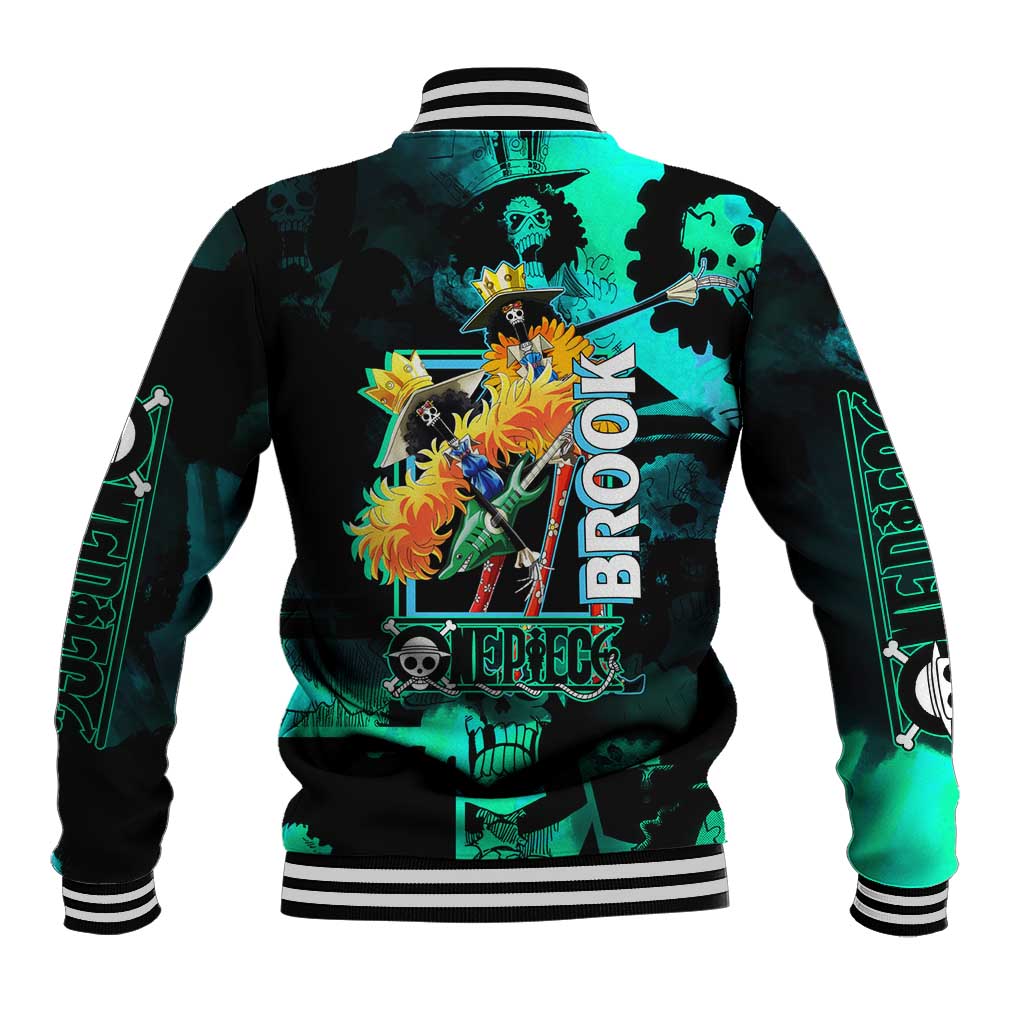 Brook One Piece Green and Black Theme Baseball Jacket with Soul King Guitar and Skeleton Jolly Roger Design - The Mazicc
