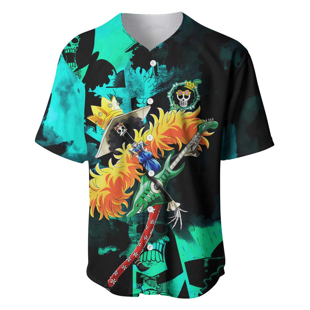 Brook One Piece Green and Black Theme Baseball Jersey with Soul King Guitar and Skeleton Jolly Roger Design - The Mazicc