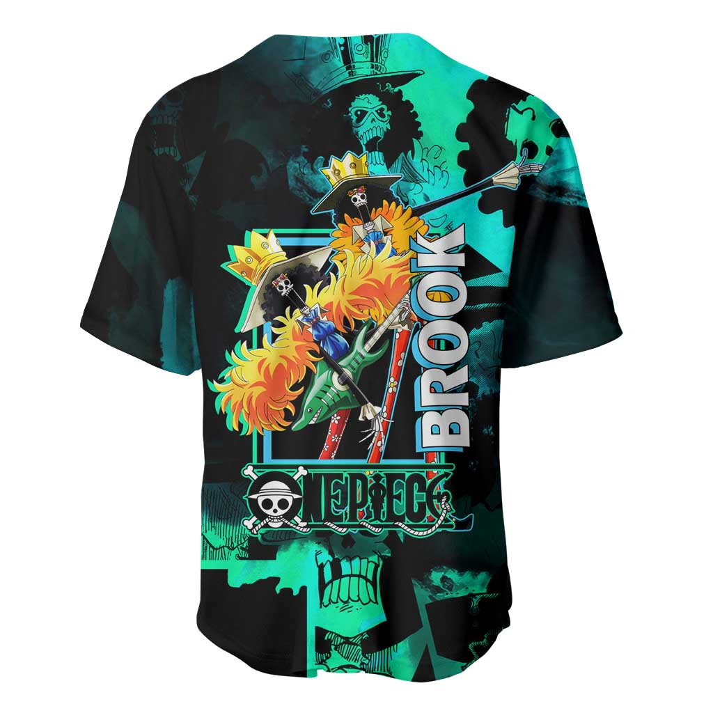Brook One Piece Green and Black Theme Baseball Jersey with Soul King Guitar and Skeleton Jolly Roger Design - The Mazicc