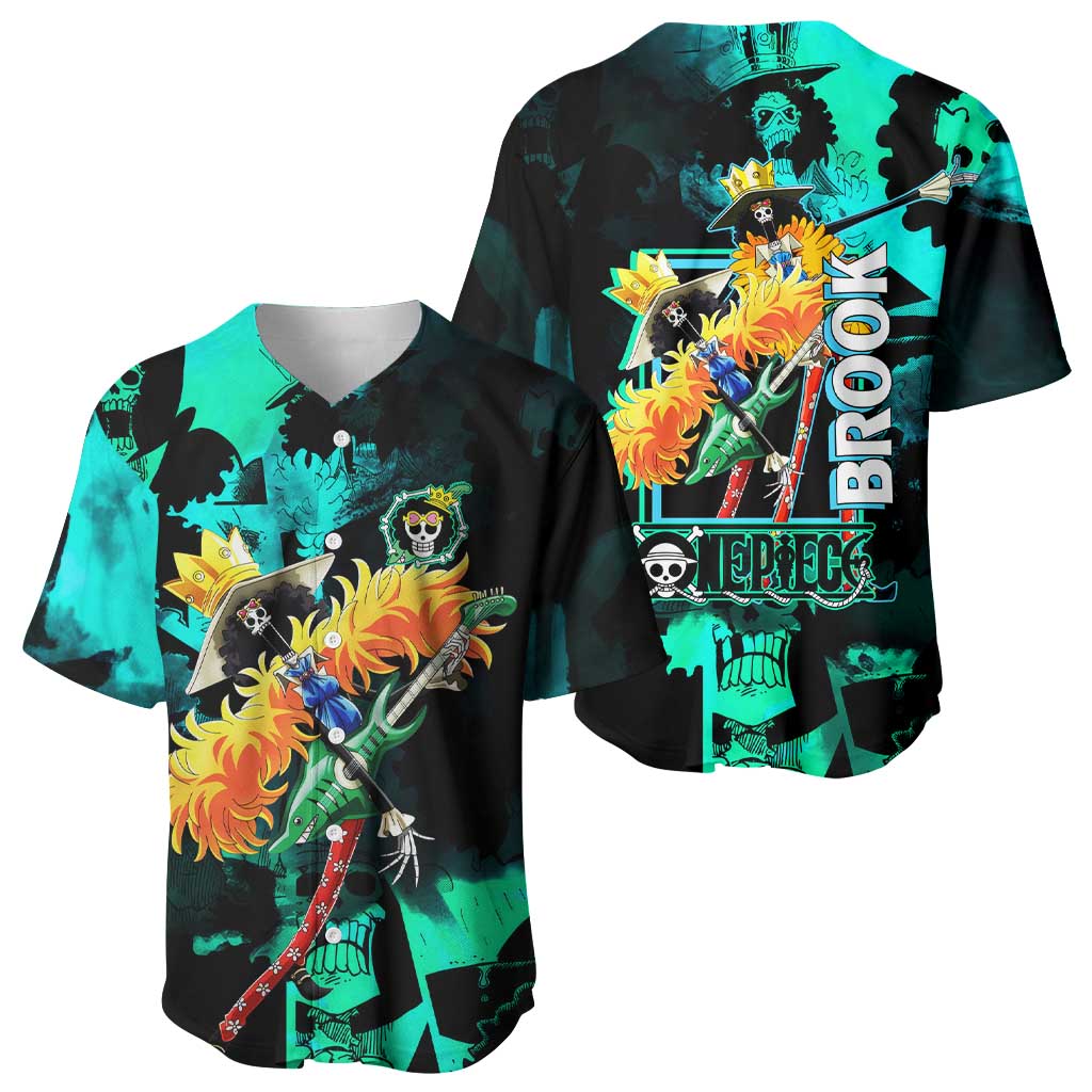 Brook One Piece Green and Black Theme Baseball Jersey with Soul King Guitar and Skeleton Jolly Roger Design - The Mazicc