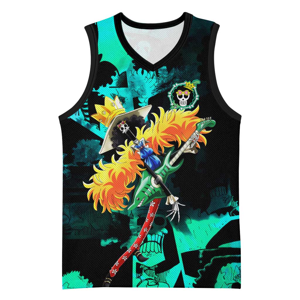 Brook One Piece Green and Black Theme Basketball Jersey with Soul King Guitar and Skeleton Jolly Roger Design - The Mazicc