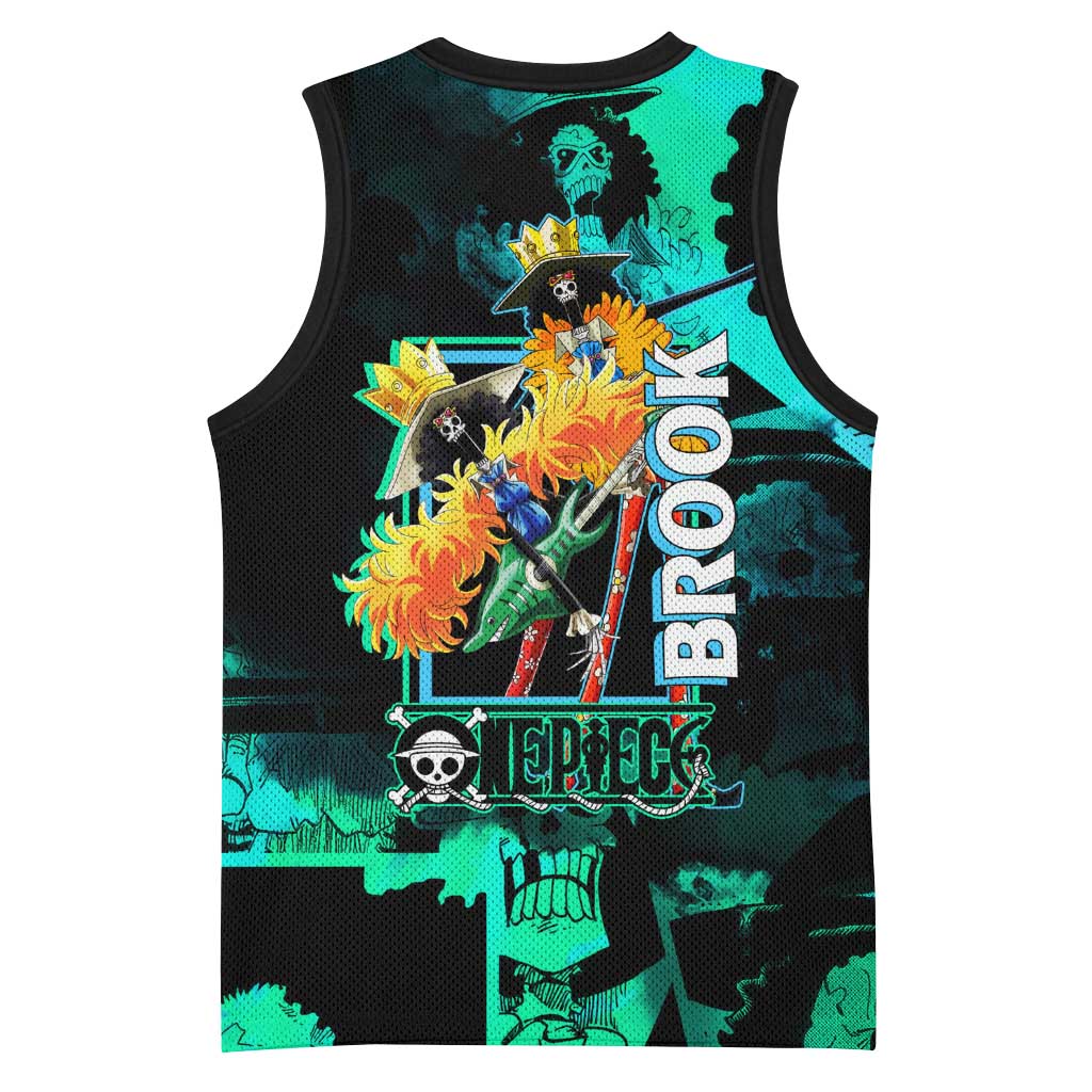 Brook One Piece Green and Black Theme Basketball Jersey with Soul King Guitar and Skeleton Jolly Roger Design - The Mazicc