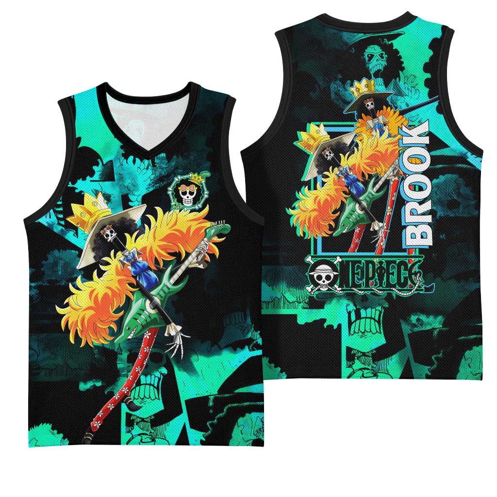 Brook One Piece Green and Black Theme Basketball Jersey with Soul King Guitar and Skeleton Jolly Roger Design - The Mazicc