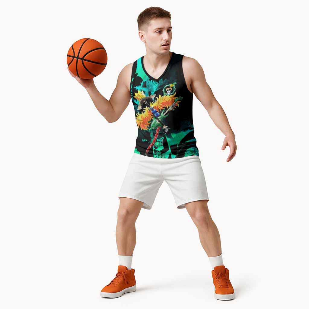 Brook One Piece Green and Black Theme Basketball Jersey with Soul King Guitar and Skeleton Jolly Roger Design - The Mazicc