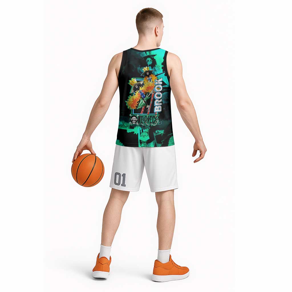 Brook One Piece Green and Black Theme Basketball Jersey with Soul King Guitar and Skeleton Jolly Roger Design - The Mazicc