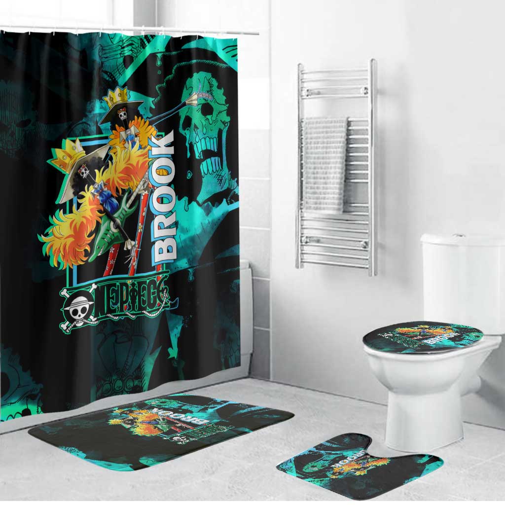 Brook One Piece Green and Black Theme Bathroom Set with Soul King Guitar and Skeleton Jolly Roger Design - The Mazicc