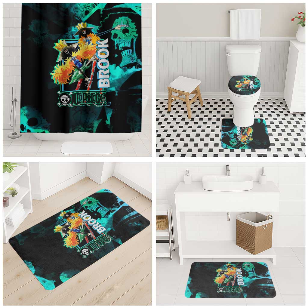 Brook One Piece Green and Black Theme Bathroom Set with Soul King Guitar and Skeleton Jolly Roger Design - The Mazicc