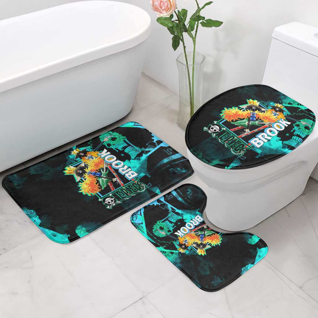 Brook One Piece Green and Black Theme Bathroom Set with Soul King Guitar and Skeleton Jolly Roger Design - The Mazicc