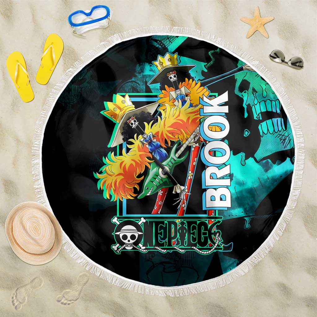 Brook One Piece Green and Black Theme Beach Blanket with Soul King Guitar and Skeleton Jolly Roger Design - The Mazicc