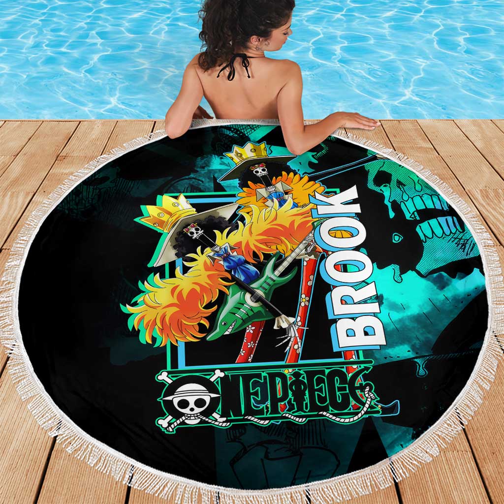Brook One Piece Green and Black Theme Beach Blanket with Soul King Guitar and Skeleton Jolly Roger Design - The Mazicc