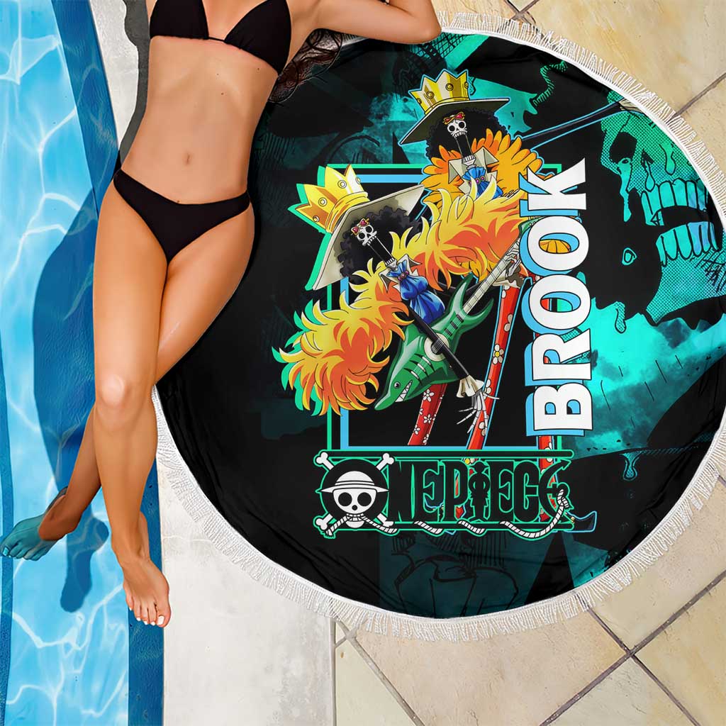 Brook One Piece Green and Black Theme Beach Blanket with Soul King Guitar and Skeleton Jolly Roger Design - The Mazicc