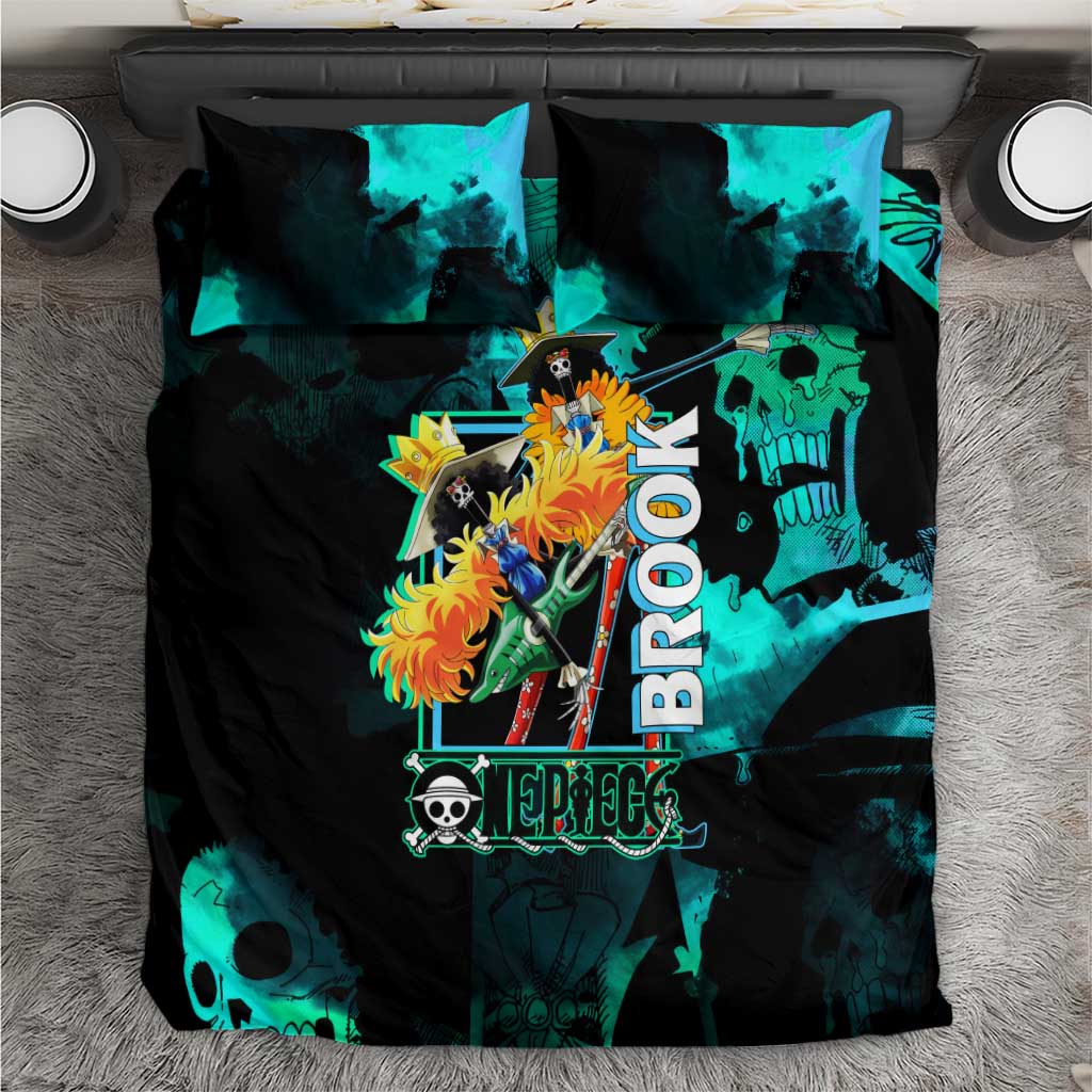 Brook One Piece Green and Black Theme Bedding Set with Soul King Guitar and Skeleton Jolly Roger Design - The Mazicc