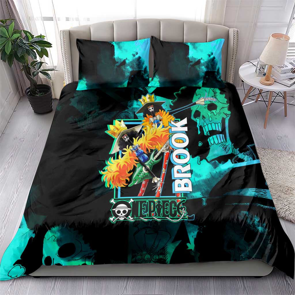 Brook One Piece Green and Black Theme Bedding Set with Soul King Guitar and Skeleton Jolly Roger Design - The Mazicc