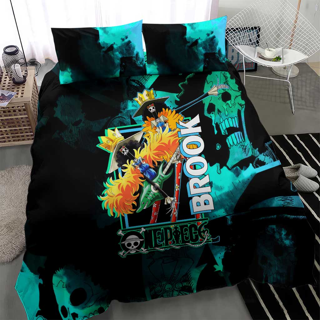 Brook One Piece Green and Black Theme Bedding Set with Soul King Guitar and Skeleton Jolly Roger Design - The Mazicc