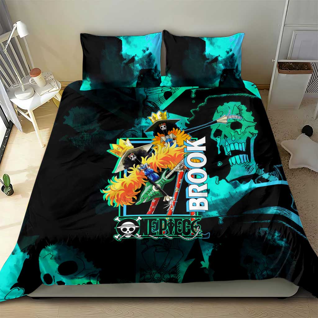 Brook One Piece Green and Black Theme Bedding Set with Soul King Guitar and Skeleton Jolly Roger Design - The Mazicc