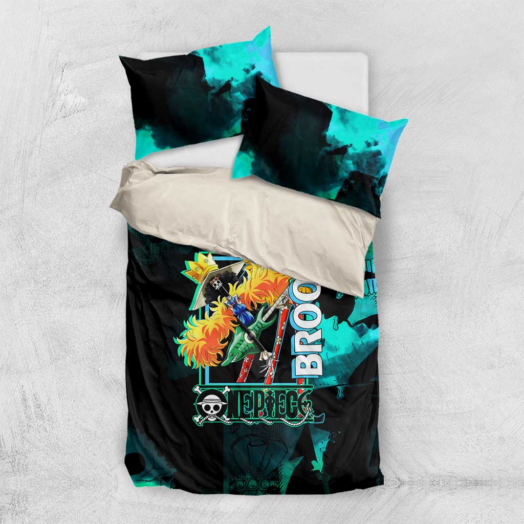 Brook One Piece Green and Black Theme Bedding Set with Soul King Guitar and Skeleton Jolly Roger Design - The Mazicc
