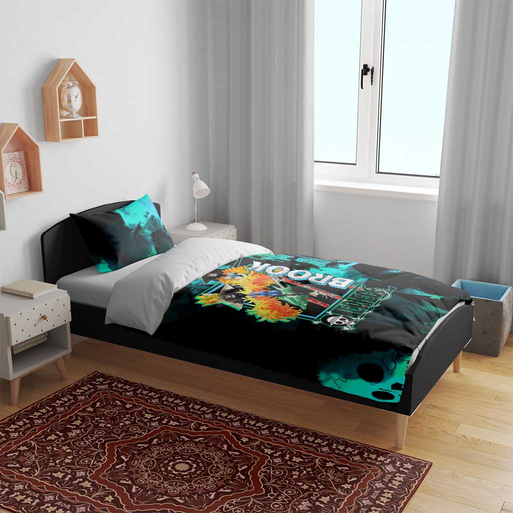 Brook One Piece Green and Black Theme Bedding Set with Soul King Guitar and Skeleton Jolly Roger Design - The Mazicc