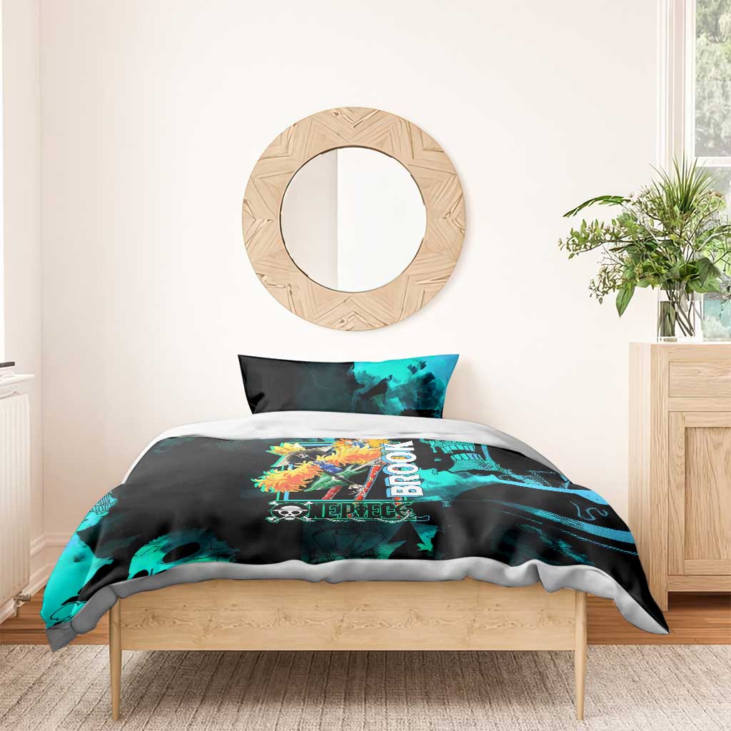 Brook One Piece Green and Black Theme Bedding Set with Soul King Guitar and Skeleton Jolly Roger Design - The Mazicc