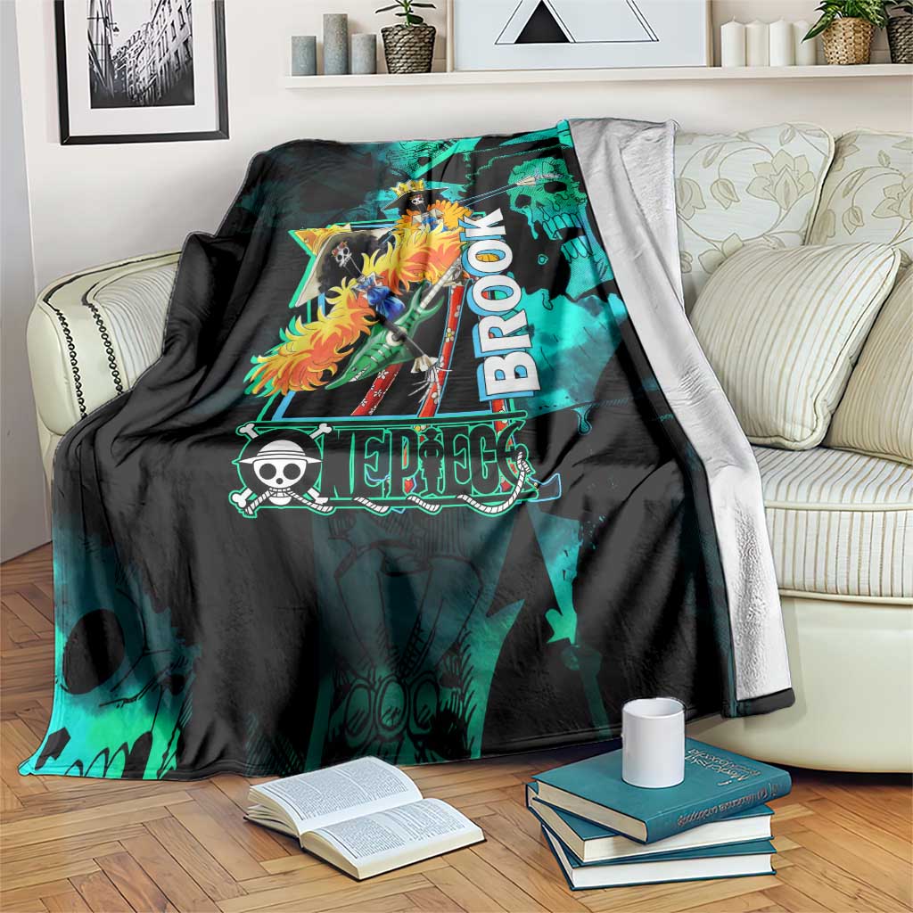 Brook One Piece Green and Black Theme Blanket with Soul King Guitar and Skeleton Jolly Roger Design - The Mazicc