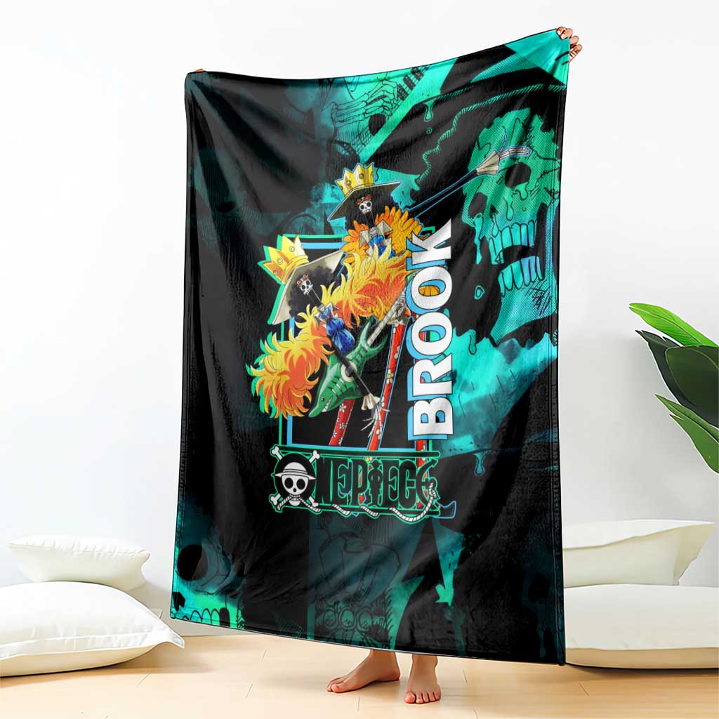 Brook One Piece Green and Black Theme Blanket with Soul King Guitar and Skeleton Jolly Roger Design - The Mazicc