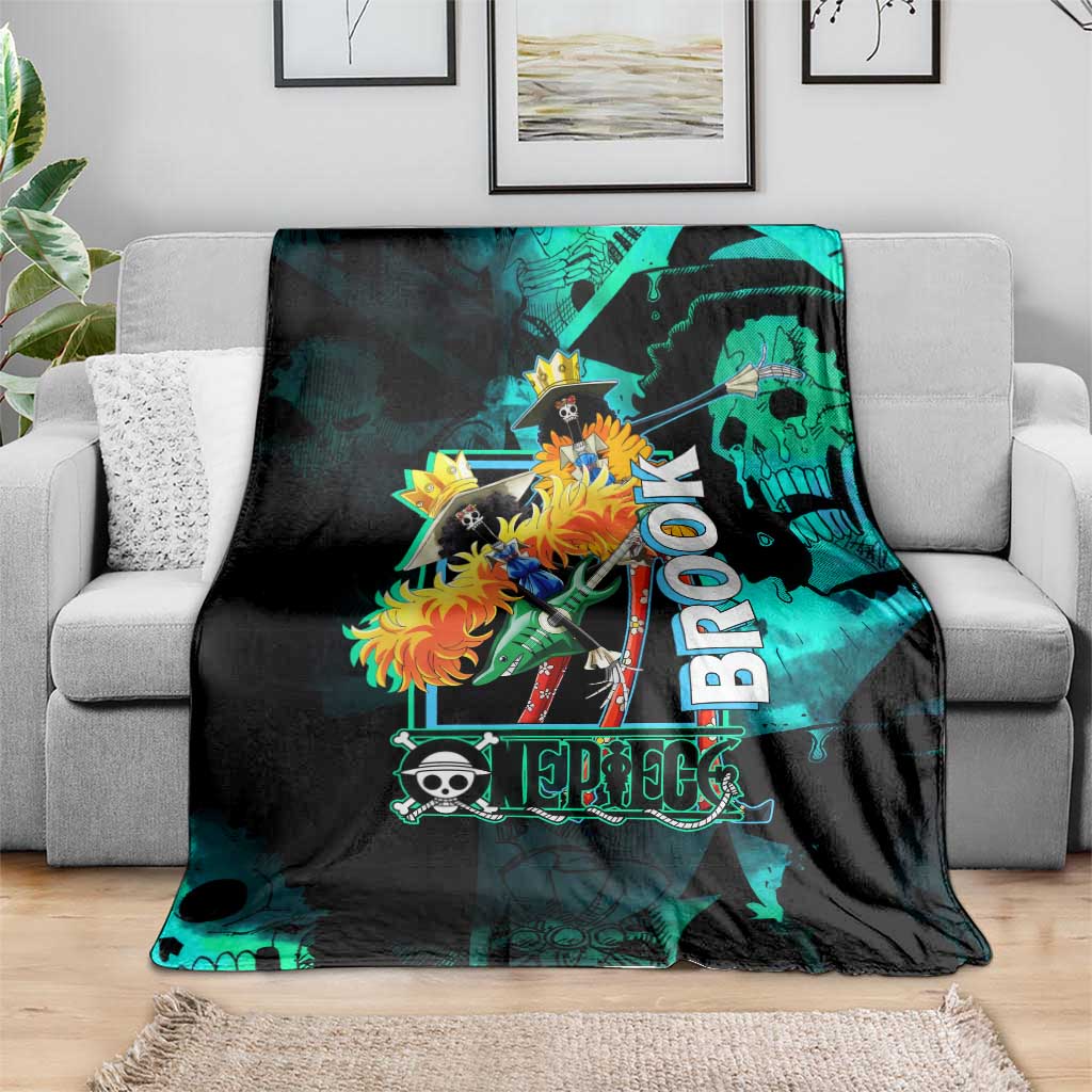 Brook One Piece Green and Black Theme Blanket with Soul King Guitar and Skeleton Jolly Roger Design - The Mazicc
