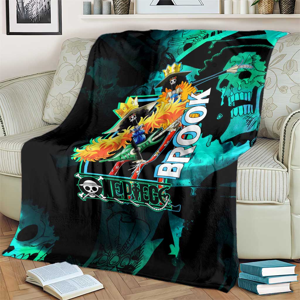 Brook One Piece Green and Black Theme Blanket with Soul King Guitar and Skeleton Jolly Roger Design - The Mazicc