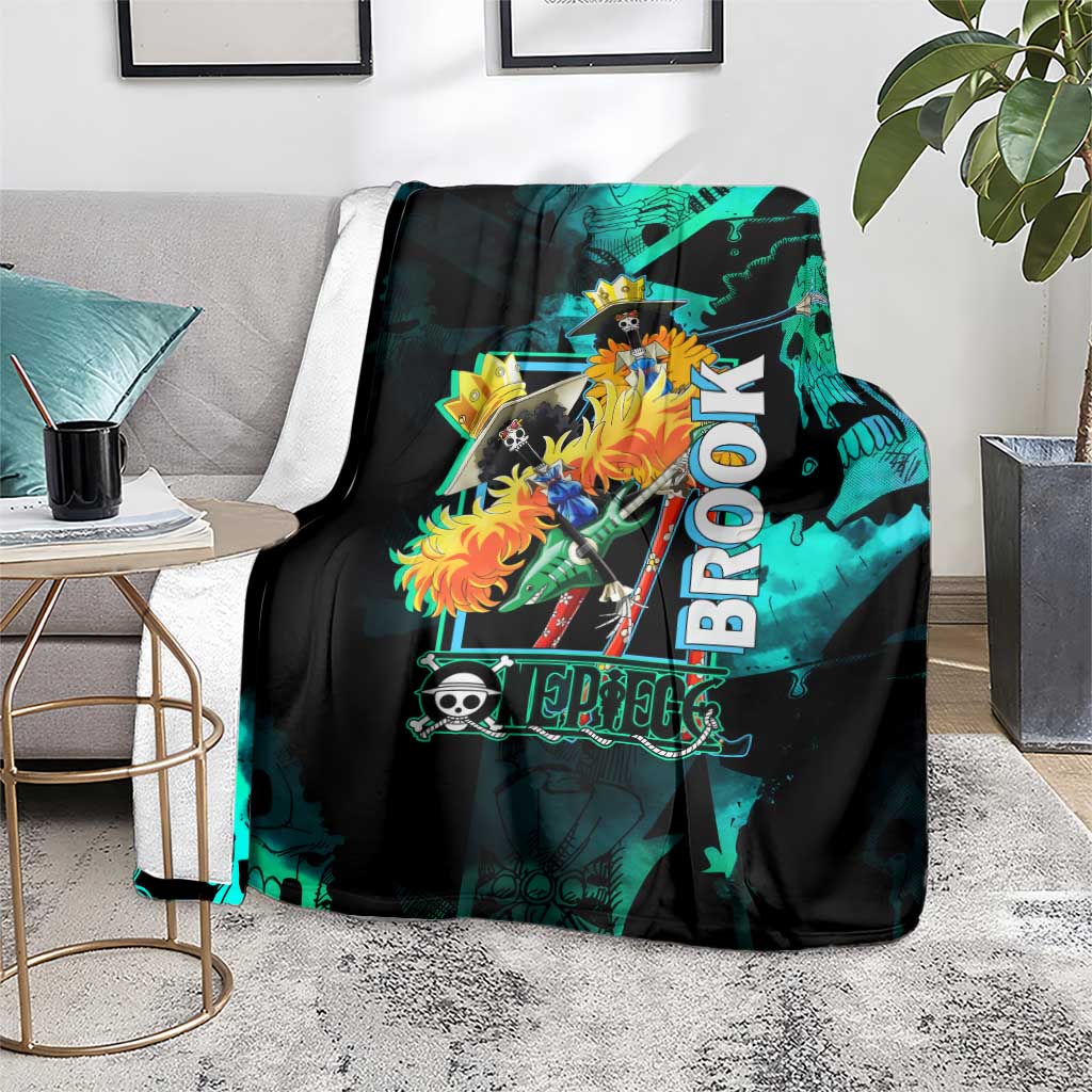 Brook One Piece Green and Black Theme Blanket with Soul King Guitar and Skeleton Jolly Roger Design - The Mazicc